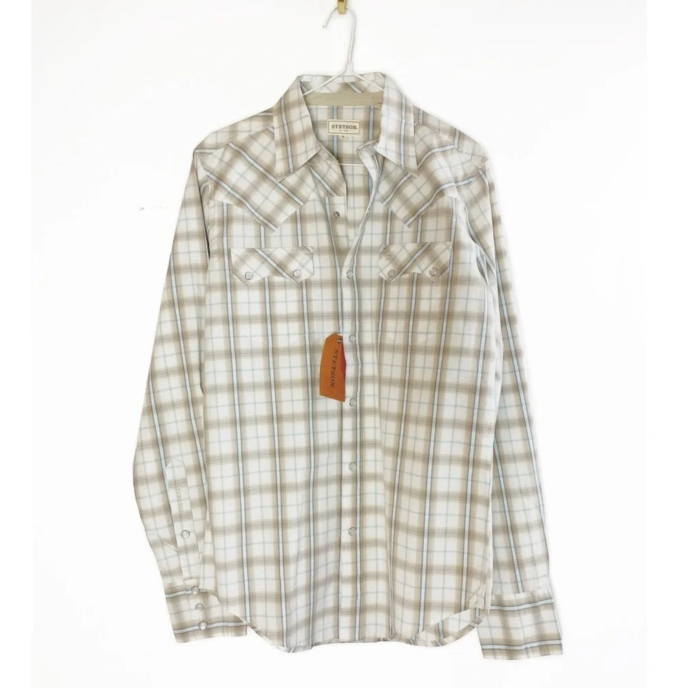 Stetson NWT Dobby Plaid Western button down Shirt Modern fit Mens size S